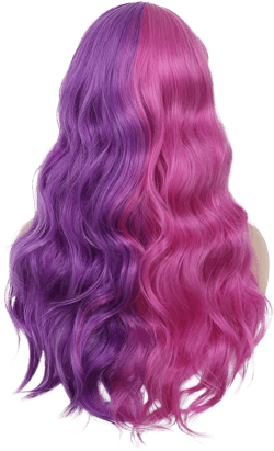 Half Pink Half Purple Wig Long Curly Wavy Split Wig with Bangs Synthetic Cosplay Party Wig for Women Pink&Purple