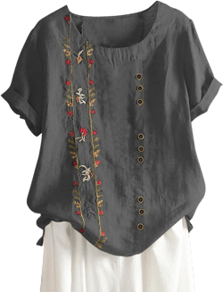 Women's Plus Size Cotton Linen Blouse Short Sleeve Embroidered Floral Print Shirts Casual Round Neck Button Tops Tunic Gray 3X-Large