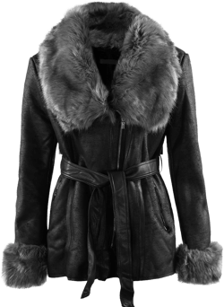 Black Faux Shearling Jacket With Grey Faux Fur Collar and Faux Fur Cuffs