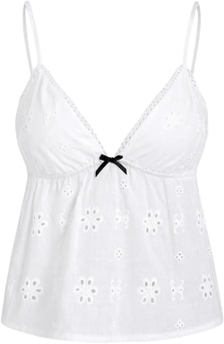 SHENHE Women's Lace Trim V Neck Eyelet Camisole Top Spaghetti Strap Babydoll Tank Cami