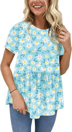Hibluco Women's Summer Tops Short Sleeve Round Neck Floral Print Shirt Tunic Blouse K10-blue Small