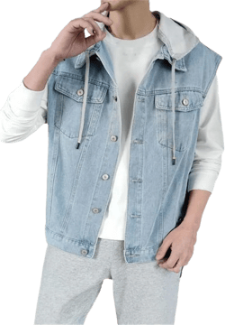SaoBiiu Men Denim Vest Loose Fit With Hood Street Hoodie Retro Waistcoat Sleeveless Jeans Jacket Vest Medium Blue With Hood