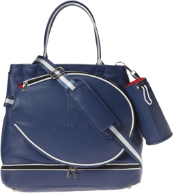 SamLouise Leather Women Large Sports Handbag Tennis Racket Shoulder Bag Tennis Tote Bag with Front Pocket for Tennis Racket Blue
