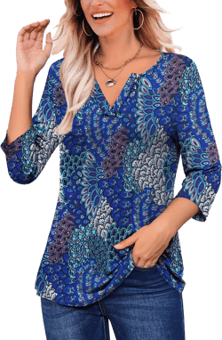 LIENRIDY Women's Plus Size 3/4 Sleeve Tops V Neck Henley Shirt Floral Tunic Tops 2X B-peacock-print