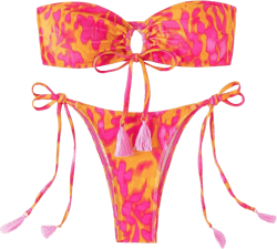 GORGLITTER Women's Strapless Swimsuit Bandeau Floral High Cut Thong Cheeky Sexy Bikini Set Medium Pink and Yellow