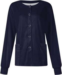 Womens Scrub Jacket Long Sleeve Snap Front Solid Color Scrub Tops Warm Up Medical Nurse Working Uniforms #14dark Blue 4X-Large