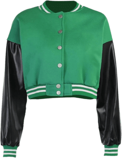 qfmqkpi Women Color block Crop Fleece Baseball Jacket Button Down Bomber Coats Sweatshirt Large Green