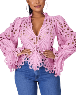 Doweha Women’s Sexy Ruffle Long Sleeve Summer Lace Tops 2025 Puff Flare Shirt V Neck Hollow Out Button Down Tunic Blouses A-pink Medium