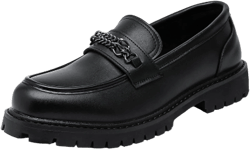 Men's Leather Platform Slip-on Penny Loafers,Classic Round Toe Lug Sole Non-Slip Business Dress Shoes,Casual Party Formal Work Shoes Black 8