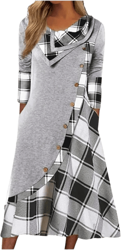 Women's Trendy Clothes Fashion Plaid Stitching Button Pockets Pile Neck Long Sleeve Dress Fall Outfits