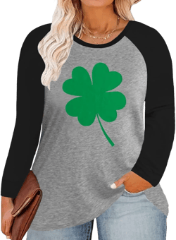CARCOS Plus Size Tops for Women Long Sleeve Raglan V Neck T Shirts Tunic Fall Blouse Xl-5Xl 14W -28W A13o-clover X-Large