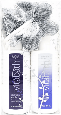 Vitabath Orchid Intrigue Everyday Skincare Set Moisturizing Shower Gel Wash, Reviving Lotion & Exfoliating Body Scrubber Pouf - Alluring Foam Cleanser & Dry Skin Hydration for Women & Men Sambac Jasmine and Sugared Musk Fragrance 10 Ounce