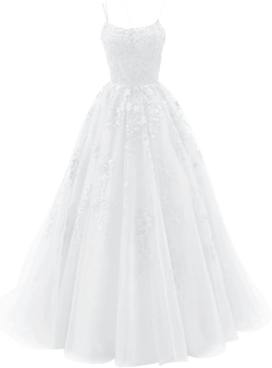 Tulle Lace Appliques Prom Dresses Long Ball Gown for Women Spaghetti Straps Corset Backless Evening Dress 0 White