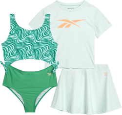Reebok Girls' Bathing Suit Set - 3 Piece Quick Dry T-Shirt and Skirt with One Piece Cut Out Monokini Swimsuit - Swimwear Set 7 Green Swirl