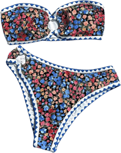 MakeMeChic Women's 2 Piece Bandeau Swimsuit Boho Ring Strapless High Cut Bikini Sets Bathing Suit Multi Blue Black Small