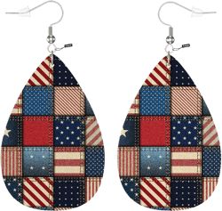 Zokola American Flag Pairs PU Leather Earrings, Vintage Patchwork Of American Flag Earbob Earrings Teardrop Dangle Earrings For Women Friends Bridal Wedding