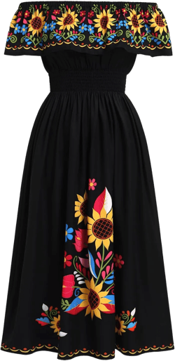 Women Mexican Dress Summer Floral Print Traditional Ethnic Wear Off Shoulder Beach Holiday Party Long Maxi Gowns X-Large Black Sunflower