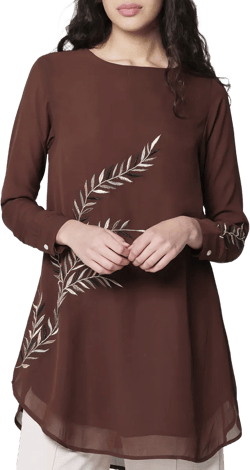 Baraka Gold Embroidered Formal Long Modest Tunic - Cocoa