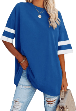 Fisoew Womens Oversized Tees Loose T Shirts Half Sleeve Crew Neck Color Block Cotton Tunic Tops Blue Medium