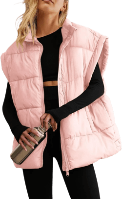 ReachMe Womens Oversized Puffer Vests Stand Collar Puffy Vest Tops Cap Sleeve Quilted Jacket Winter Coats with Pockets X-Large Pink