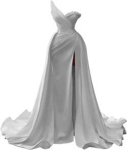 Jorshiman Satin Prom Dress for Women 2025 One Shoulder Formal Dress with Detachable Train Plus Size Wedding Ball Gowns Sliver 16 Plus