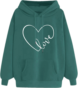 Hoodies For Women Long Sleeve Cute Heart Graphic Design Sweatshirts Drawstraing Loose Fit Comfy Hooded Tops #G02-green X-Large