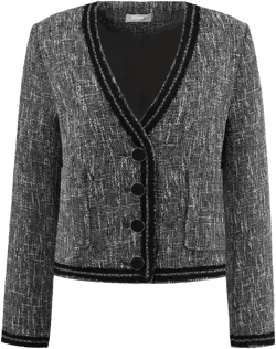 Hobemty Women's Tweed Long Sleeve Panel Trim Work Office Short Blazer Dark Grey Small