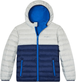 Eddie Bauer Youth Reversible Hooded Down Jacket (US, Alpha, Small, Regular, Gray/Blue Colorblock)