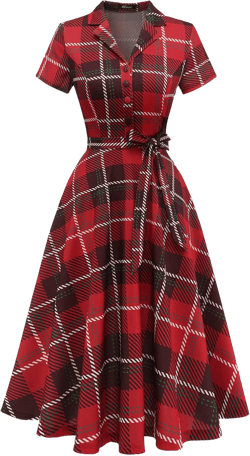 Wedtrend Women's Vintage Tea Dress, Short Sleeve Cocktail Party Dress Work Church Casual Dress Medium Red White Plaids