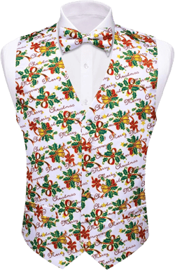 Barry.Wang Mens Christmas Vest Red Green Xmas Tree Snowman Snowflake Festival Suit Waistcoat Bow Tie Set Holiday
