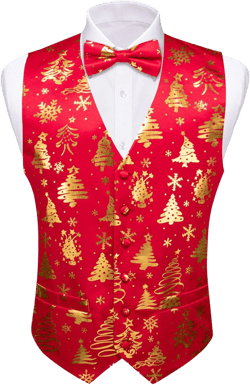 Barry.Wang Mens Christmas Vest Red Green Xmas Tree Snowman Snowflake Festival Suit Waistcoat Bow Tie Set Holiday Medium Red Gold
