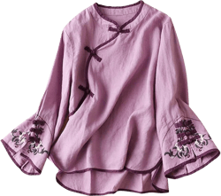 Chinese Traditional Suit Blouse Women Embroidery Cotton Linen Bell Long Sleeve Shirts Frog Button Tops Hanfu Cheongsam Purple X-Large