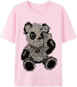 HZCX FASHION Mens Womens Sparkly T Shirt Rhinestone Short Sleeve Rock Festival Bling Gemstone Tshirt Cotton Graphic Tees Women 3X-Large Panda Pink