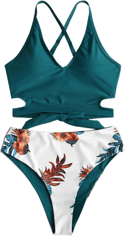 ZAFUL Women's Crisscross High Waisted Bikini Set Knotted Floral Reversible Cut Out Tankini Two Piece Padded High Rise Swimsuit Deep Green 2XL