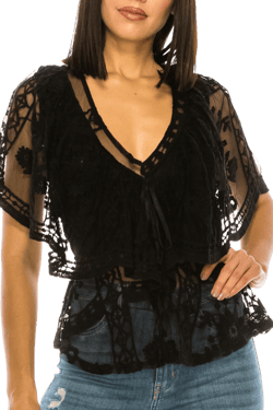 Women Floral Scalloped Trim Short-Sleeved Lace Top