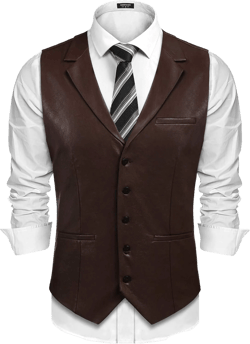COOFANDY Men's Leather Suit Vest Casual Western Vest Jacket Lightweight V-Neck Dress Waistcoats Large Coffee
