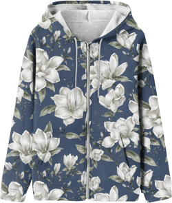 Women's Floral Printing Jacket Zip Up Hoodies Lightweight Long Sleeve Coat Fall Fashion Outfits with Pockets 3-navy X-Large