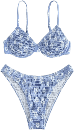 GORGLITTER Women's 2 Piece Swimsuits Floral High Waisted Bikini Sets Push Up Triangle Bathing Suits Medium Blue and White