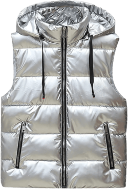 HGps8w Women's Metallic Luster Shiny Puffer Vest, Sleeveless Zip Up Hooded Coat Winter Warm Padded Gilet Jacket With Pockets XX-Large 03 Silver