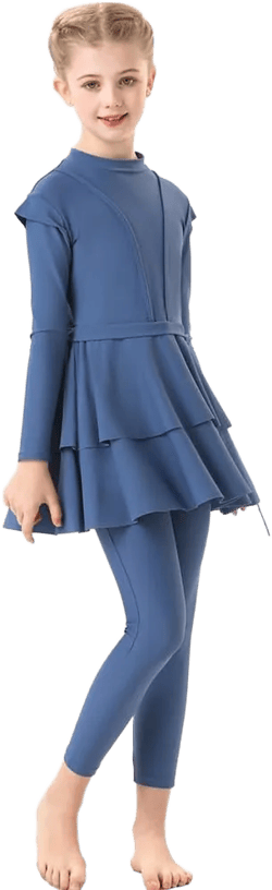 IBAKOM Islamic Modest Swimsuit for Girls Full Body Pleated Skirt Rash Guard Shirt Swim Pant Hijab Toddler Muslim Burkini 9-10 Years Navy