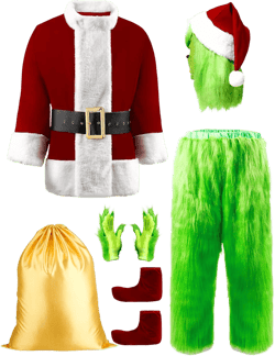 Halloween Costumes Adult, Green Costume 8PCS Christmas Santa Claus Costume for Men Cosplay Costume With Mask X-Large Green