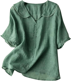 Women's Cotton Linen Button Short Sleeve Shirts Summer Loose V Neck Casual Boho Top Vintage Floral Blouse Tops Green Medium