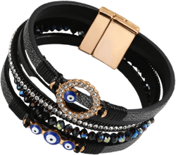 KunBead Sparkly Evil Eye Leather Wrap Bracelets for Women Handmade Braided Boho Multilayer Bracelet Wristband Cuff Bangle Boho Bohemian Black