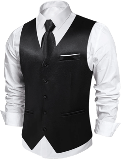 DiBanGu Mens Suit Vest and Tie Set Solid Color Satin Waistcoat Necktie Wedding Party Casual Dress Vest for Tuxedo Black X-Large
