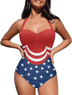 Tummy Control Swimsuits for Women Slimming One Piece Bathing Suit Retro Ruched Push Up Sexy Padded Swimwear Medium Usa Flag Print