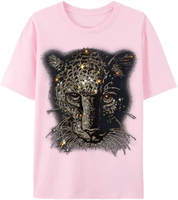 HZCX FASHION Mens Womens Sparkly T Shirt Rhinestone Short Sleeve Rock Festival Bling Gemstone Tshirt Cotton Graphic Tees Women X-Large Leopard Pink