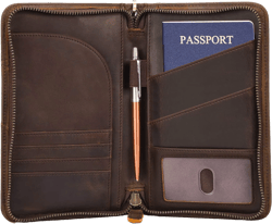 Polare Full Grain Leather Passport Holder With YKK Zipper RFID Blocking Travel Document Organizer Ticket Holder Cover Case Holds 2 Passports (Dark Brown)