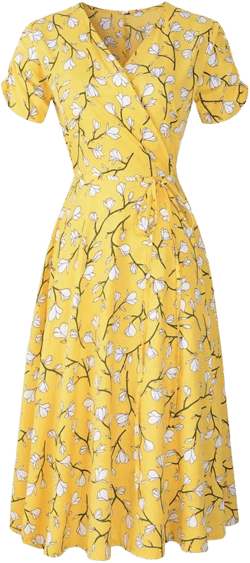 iQKA Women's Short Sleeve V Neck Retro Floral Print Boho Dress Ladies Elegant Evening Flare A-Line Wrap Dress Small Yellow