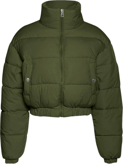 Flygo Cropped Puffer Jacket Women 2025 Winter Warm Zip Up Padded Short Quilted Jackets Down Coat Large Army Green