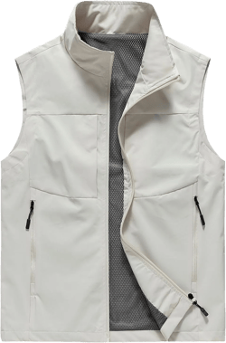 Men Lightweight Softshell Vest Stand Collar Zip Up Sleeveless Quick Dry Zipper Pockets Outwear Jacket for Hiking Golf Beige Large